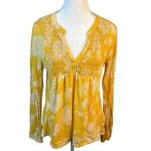 Lucky Brand Mustard Yellow Print Boho Smocked Tunic Top V Neck Womens Size Large